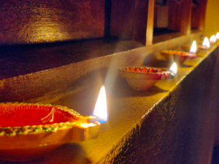 diwali lamps on a window sill