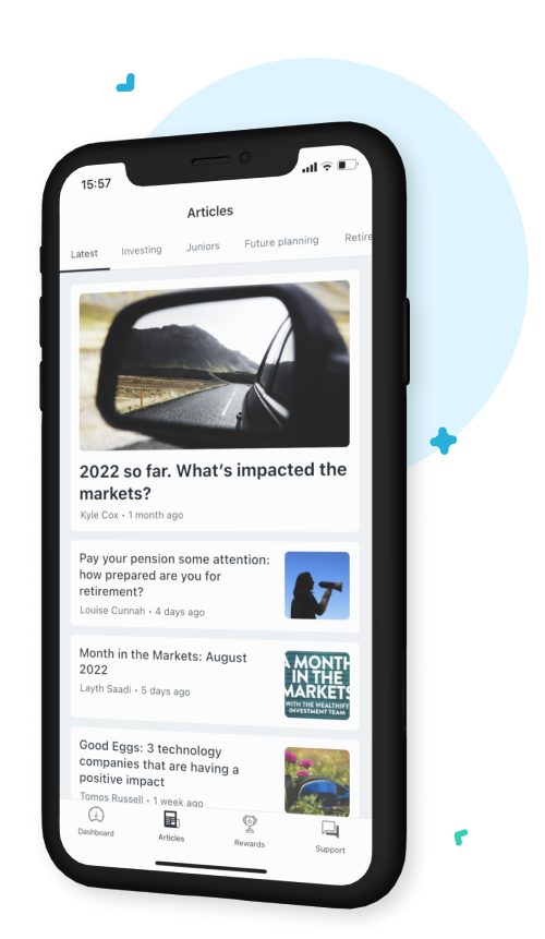 Wealthify articles page showing articles about investing on iPhone.