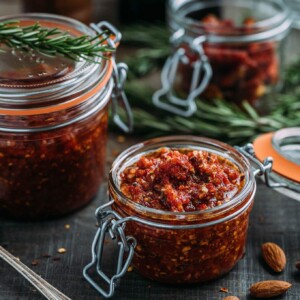 pesto rosso (sun-dried tomato pesto) in glass storage jars on a wood board