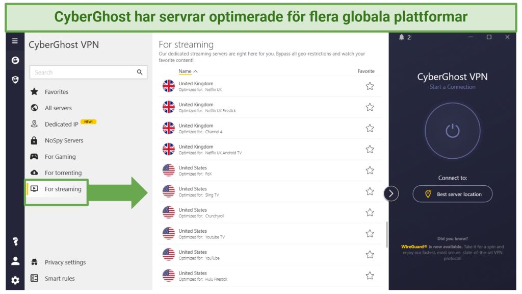 CyberGhost's Windows app displaying a list of streaming-optimized servers