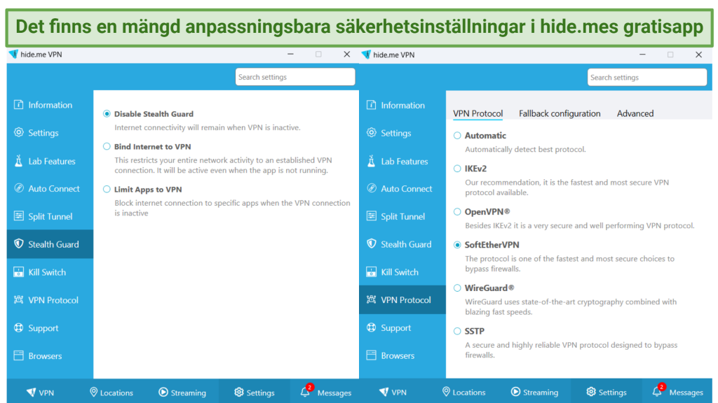 screenshot showing protocols available with hideme free and all the customization options for each protocol