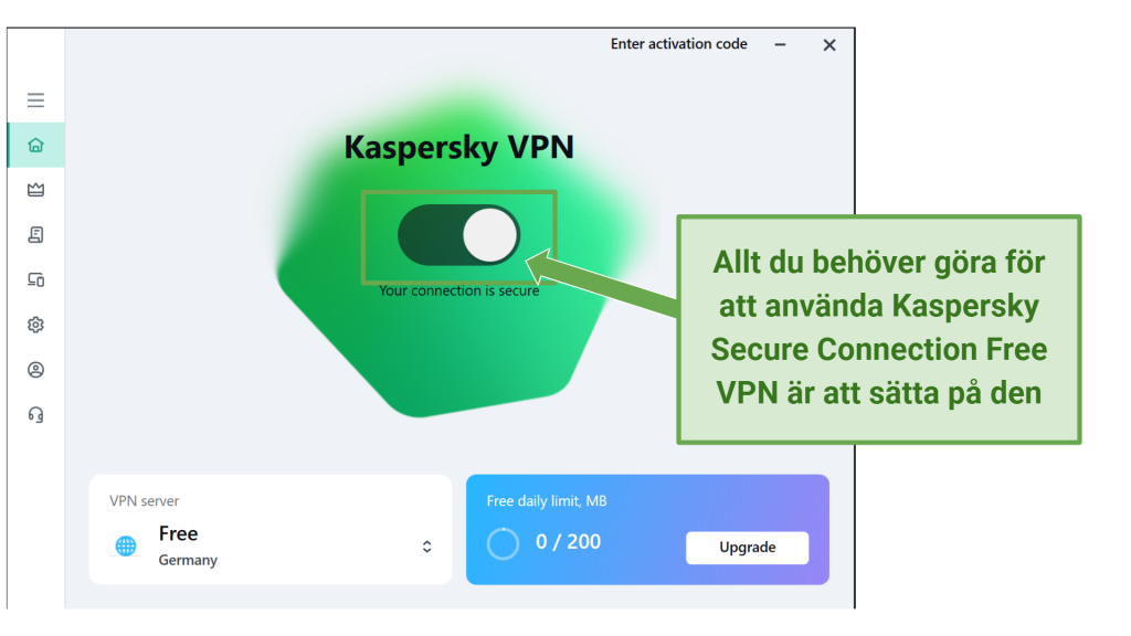 Screenshot showing Kaspersky Secure Connection Free User Interface