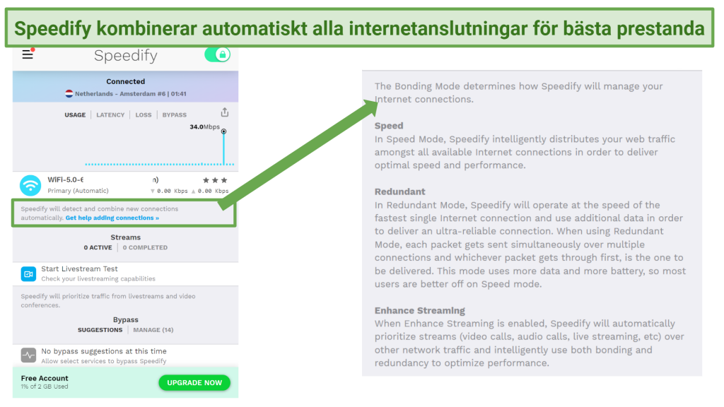 Screenshot showing bonding mode on Speedify's free VPN app