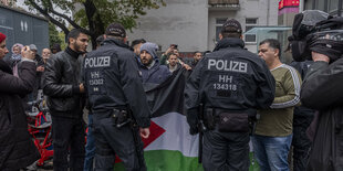 Polizisten stehen vor Demonstrierenden mit Palästina-Flagge