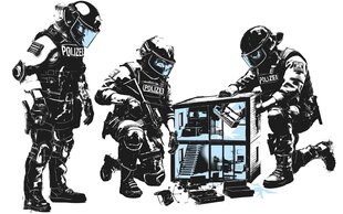 Illustration zeigt drei Polizisten in Kampfmontur mit Helm, die ein Einfamilienhaus (Puppenstube-Größe) auseinander nehmen/durchsuchen