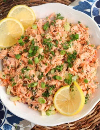 Overhead view of salmon salad in bowl