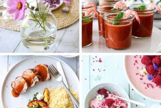 Image: SENSOMMERMENY; GAZPACHO, SVINEFILET MED NEKTARINSALAT – OG BRINGEBÆR- OG SITRONFROMASJ