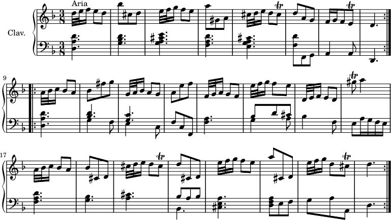 
\version "2.18.2"
\header { 
  tagline = ##f
  % composer = "Domenico Scarlatti"
  % opus = "K. 32"
  % meter = "Aria"
}

%% les petites notes
trillCisq     = { \tag #'print { cis8\trill } \tag #'midi { d64 cis d cis~ cis16 } }
trillEq       = { \tag #'print { e8\trill } \tag #'midi { f64 e f e~ e16 } }
trillGisqUp   = { \tag #'print { gis'8\trill } \tag #'midi { a64 gis a gis~ gis16 } }

upper = \relative c'' {
  \clef treble 
  \key d \minor
  \time 3/8
  \tempo 4. = 25
  \set Staff.midiInstrument = #"harpsichord"
  \override TupletBracket.bracket-visibility = ##f

\repeat volta 2 {
      s8*0^\markup{Aria}
      d32[ e f16] e8 d | bes'8 cis, d | e32[ f g16] f8 e | a8 gis, a | cis32[ d e16] d8 \trillCisq | d8 a g |
      % ms. 7
      f16 g f8 \trillEq | d4.
      }% reprise
\repeat volta 2 {
      % ms. 9
      a'32[ bes c16] bes8 a | bes fis' g | g,32[ a bes16] a8 g | a8 e' f | 
      % ms. 13
      f,32[ g a16] g8 f | e'32[ f g16] f8 e | d,32[ e f16] e8 d | \trillGisqUp a4 | a,32[ bes c16] bes8 a | bes cis, d |
      % ms. 19
      cis'32[ d e16] d8 \trillCisq | d8 cis, d | e'32[ f g16] f8 e | a8 cis,, d | e'32[ f g16] d8 \trillCisq | d4.
      }%reprise
}

lower = \relative c' {
  \clef bass
  \key d \minor
  \time 3/8
  \set Staff.midiInstrument = #"harpsichord"
  \override TupletBracket.bracket-visibility = ##f

\repeat volta 2 {
    % ************************************** \appoggiatura \repeat unfold 2 {  } \times 2/3 { }
      < d, a' d >4.-\tweak stencil ##f \p | < g bes d > | < g a cis e > | < f a d > | < e g a cis > | < f d' >8 f, g |
      % ms. 7
      a4 a8 | d,4.
      }% reprise
\repeat volta 2 {
      < d' a' d >4.-\tweak stencil ##f \p | << { < bes' d >4. | < g c > } \\ { g4 f8 | e4 c8 } >> | f8 c f, |
      % ms. 13
      < f' a >4. | << { bes8 d cis } \\ { g4 a8 } >> | bes4 f8 | e8 a16 g f e | < f a d >4. | < g bes >
      % ms. 19
      < a cis >4. | << { bes8 a bes } \\ { bes,4. } >> | < cis e a >4. | < d f a >8 e f | g a a, | d4. 
      }%reprise

}

thePianoStaff = \new PianoStaff <<
    \set PianoStaff.instrumentName = #"Clav."
    \new Staff = "upper" \upper
    \new Staff = "lower" \lower
  >>

\score {
  \keepWithTag #'print \thePianoStaff
  \layout {
      #(layout-set-staff-size 17)
    \context {
      \Score
     \override SpacingSpanner.common-shortest-duration = #(ly:make-moment 1/2)
      \remove "Metronome_mark_engraver"
    }
  }
}

\score {
  \unfoldRepeats
  \keepWithTag #'midi \thePianoStaff
  \midi { }
}
