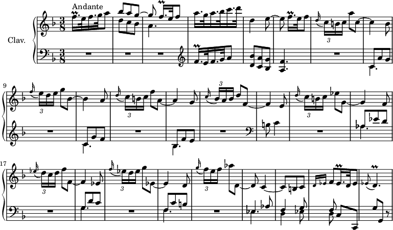 
\version "2.18.2"
\header {
  tagline = ##f
  % composer = "Domenico Scarlatti"
  % opus = "K. 194"
  % meter = "Andante"
}

%% les petites notes
trillFqqp     = { \tag #'print { f16.\prall[ } \tag #'midi { \times 2/3 { g32 f g } f32 } }
trillDp       = { \tag #'print { d4.\prall } \tag #'midi { ees32 d ees d~ d4 } }
trillEqqp     = { \tag #'print { ees16.\prall } \tag #'midi { \times 2/3 { f32 ees f } ees32 } }

upper = \relative c'' {
  \clef treble 
  \key f \major
  \time 3/8
  \tempo 4. = 56
  \set Staff.midiInstrument = #"harpsichord"
  \override TupletBracket.bracket-visibility = ##f

      s8*0^\markup{Andante}
      \trillFqqp e32 f16. g32 a8] | << { bes8 a g~ | g \trillFqqp e32 f8] } \\ { d8 c bes | a4. } >> | a'16. g32 a16. bes32 c16. d32 | d,4 e8~ | e \trillFqqp e32 f8] |
      % ms. 7
      \times 2/3 { \appoggiatura d16 c16[ b c] } a'8 c,~ | c4 bes8 | \times 2/3 { \appoggiatura f'16 e16[ d e] } g8 bes,~ | bes4 a8 | \times 2/3 { \appoggiatura d16 c16[ b c] } f8 a,~ | a4 g8 | \times 2/3 { \appoggiatura c16 bes16[ a bes] } d8 f,~ |
      % ms. 14
      f4 e8 | \times 2/3 { \appoggiatura d'16 c16[ b c] } ees8 g,~ | g4 f8 | \times 2/3 { \appoggiatura ees'16 d16[ c d] } f8 f,~ | f4 ees8 | \times 2/3 { \appoggiatura f'16 ees16[ d ees] } g8 ees,~ | ees4 d8 |
      % ms. 21
      \times 2/3 { \appoggiatura g'16 f16[ e f] } aes8 d,,~ | d8 c4~ | c8 b c | \grace { \tempo 4. = 30 d16 ees }   \tempo 4. = 56 f8 \trillEqqp d32 ees8 | \appoggiatura ees8 \trillDp 
      % ms. 28
      
      % ms. 35
      
      % ms. 42
      
      % ms. 49
      

}

lower = \relative c' {
  \clef bass
  \key f \major
  \time 3/8
  \set Staff.midiInstrument = #"harpsichord"
  \override TupletBracket.bracket-visibility = ##f

    % ************************************** \appoggiatura a16  \repeat unfold 2 {  } \times 2/3 { }   \omit TupletNumber 
      R4.*3 |   \clef treble  \trillFqqp e32 f16. g32 a8] | < d, bes' >8 < c a' > < bes g' > | < a f' >4. |
      % ms. 7
      R4. | << { c8 a' g } \\ { \mergeDifferentlyDottedOn c,4. } >> | R4. | << { c8 g' f } \\ { c4. } >> | R4. | << { bes8 f' e } \\ { bes4. } >> | R4. |   \clef bass
      % ms. 14
      b8 c4 | R4. | << { aes8 ees' d } \\ { aes4. } >> | R4. | << { g8 d' c } \\ { g4. } >> | R4. | << { f8 c' b } \\ { f4. } >> |
      % ms. 21
      R4. | << { ees4 aes8 | f4 g8 | f8  } \\ { ees4. | d4 ees8 | d } >> c8 c, | g'' g, r8 | 
      % ms. 28
      
      % ms. 35
      
      % ms. 42
      
      % ms. 49
      

}

thePianoStaff = \new PianoStaff <<
    \set PianoStaff.instrumentName = #"Clav."
    \new Staff = "upper" \upper
    \new Staff = "lower" \lower
  >>

\score {
  \keepWithTag #'print \thePianoStaff
  \layout {
      #(layout-set-staff-size 17)
    \context {
      \Score
     \override SpacingSpanner.common-shortest-duration = #(ly:make-moment 1/2)
      \remove "Metronome_mark_engraver"
    }
  }
}

\score {
  \keepWithTag #'midi \thePianoStaff
  \midi { }
}
