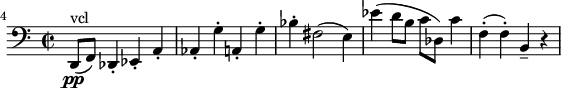 
\relative c'' {
\time 2/2
\set Staff.midiInstrument = #"string ensemble 1"
\set Score.tempoHideNote = ##t \tempo 2 = 80
\clef bass
  \set Score.barNumberVisibility = #all-bar-numbers-visible
  \override TupletBracket #'stencil = ##f
  \set Score.currentBarNumber = #4
  \key c\major
  % Permit first bar number to be printed
  \bar ""
d,,,8\pp^"vcl"( f) des4\staccato es\staccato a\staccato|as\staccato g'\staccato a,\staccato g'\staccato |bes\staccato fis2( e4)|es'4( d8 b c des,) c'4| f,\staccato( f\staccato) b,-- r4|
}
