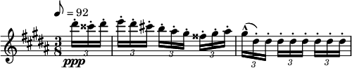 
  \relative c'' { \set Staff.midiInstrument = #"violin" \clef treble \time 3/8 \key gis \minor \tempo 8 = 92
   \partial 8*1 \times 2/3 { dis'16-.\ppp cisis-. dis-. } | \times 2/3 { e-.[ dis-. cis!-.] } \times 2/3 { b-.[ ais-. gis-.] } \times 2/3 { fisis-.[ gis-. ais-.] } |
    \times 2/3 { gis^^([ dis-.) dis-.] } \times 2/3 { dis-.[ dis-. dis-.] } \times 2/3 {dis-.[ dis-. dis-.] } }
