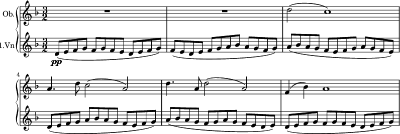  { \new PianoStaff << \new Staff \relative c' { \set Staff.instrumentName = #"Ob." \clef treble \key d \minor \time 3/2 \set Staff.midiInstrument = #"oboe" R1. | R1. | d'2( c1) | a4. d8 c2( a) | d4. a8 d2( a) | f4( bes) a1 } \new Staff \relative c' { \set Staff.instrumentName = #"1.Vn" \set Staff.midiInstrument = #"violin" \clef treble \key d \minor \time 3/2 d8(\pp e f g f g f e d e f g) | f( e d e f g a bes a g f g) | a( bes a g f e f g a g f e) | d( e f g a bes a g f e f g) | a( bes a g f g a g f e d e) | d( e f g f g f e d e f g) } >> } \midi{\tempo 4 = 100}