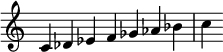 {
\override Score.TimeSignature #'stencil = ##f
\relative c' {\time 7/4 c des es f ges as bes c} }