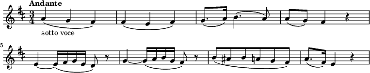 
\relative c'' {
  \version "2.18.2"
  \tempo "Andante"
  \key d \major
  \time 3/4
  \tempo 4 = 70
  a4 _ \markup{sotto voce} (g fis)
  fis (e fis)
  g8. (a16) b4. (a8)
  a (g) fis4 r
  e4 ~ e16 (fis g e d8) r
  g4 ~ g16 (a b g fis8) r
  b8 (ais b a g fis)
  a8. (fis16) e4 r
}
