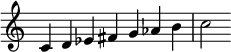  {
\override Score.TimeSignature #'stencil = ##f
\relative c' { 
  \clef treble \time 7/4
  c4 d es fis g aes b c2
} }
