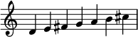 {
\omit Score.TimeSignature \relative c' {
  \time 7/4 d e fis g a b cis} }