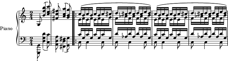 
\version "2.18.2"
\header {
  tagline=##f
}

%%%%%%%%%% KEYS %%%%%%%%%%%%%

global={
           \time 2/4
           \tempo 4=104
         }
Key={ \key c \major }

rhUpper=\relative c'' {
  \voiceOne
  \Key
  g,8-. < b' f' b >4( < c e c' >8)|< fis, c' fis >8-. < a c a' >4( < g b g' >8)
   \repeat unfold 2 { \repeat unfold 3 { s4*0\( c16 b } c cis \repeat unfold 3 { d16 cis } e d\) } 
}
rhLower=\relative c' {
  \voiceTwo
  \Key
  s1 \repeat unfold 2 { \repeat unfold 3 { e16 f } e g \repeat unfold 3 { f16 aes } f b }
}

lhUpper=\relative c' {
  \voiceOne
  \Key
  s1 \repeat unfold 2 { \repeat unfold 4 { c16 g } \repeat unfold 3 { d'16 aes } d g, }
}
lhLower=\relative c {
  \voiceTwo
  \Key
  < g g, >8-. < d' g d' >4( < c c' >8) < a d a' >8-. < fis d' fis >4( < g g' >8) \bar ".|:"
  \repeat unfold 4 { c8 c4 c8 }
}

PianoRH={
  \clef treble
  \global
  \set Staff.midiInstrument=#"acoustic grand"
  <<
    \new Voice="one" \rhUpper
    \new Voice="two" \rhLower
  >>
}
PianoLH={
  \clef bass
  \global
  \set Staff.midiInstrument=#"acoustic grand"
  <<
    \new Voice="one" \lhUpper
    \new Voice="two" \lhLower
  >>
}

piano={
  <<
    \set PianoStaff.instrumentName=#"Piano"
    \new Staff="upper" \PianoRH
    \new Staff="lower" \PianoLH
  >>
}

\score {
  \new PianoStaff <<
    \set PianoStaff.instrumentName=#"Piano"
    \new PianoStaff="piano" \piano
  >>
  \layout {
    \context {
      \Score
      \remove "Metronome_mark_engraver"
      \override SpacingSpanner.common-shortest-duration=#(ly:make-moment 1/2)
    }
  }
  \midi { }
}
