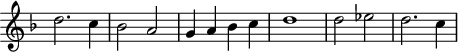 
\header {
  tagline = ##f
}

\score {
  \new Staff \with {
     \remove "Time_signature_engraver"
  }
<<
  \relative c'' {
    \key f \major
    %\clef bass
    \time 2/2
    \override TupletBracket #'bracket-visibility = ##f 

     %%% f° 54v
     d2. c4 bes2 a g4 a bes c d1 d2  ees d2. c4

  }
>>
  \layout {
     \context { \Score \remove "Metronome_mark_engraver" }
  }
  \midi {}
}
