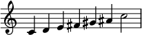  {
\override Score.TimeSignature #'stencil = ##f
\relative c' {\clef treble \time 8/4 c d e fis gis ais c2} }