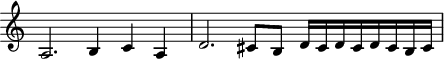 
\header {
  tagline = ##f
}

\score {
  \new Staff \with {
     \remove "Time_signature_engraver"
  }
<<
  \relative c' {
    \key c \major
    %\clef bass
    \time 3/2
    \override TupletBracket #'bracket-visibility = ##f 

     %%% f° 26-31v
     a2. b4 c a  d2. cis8 b d16 cis d cis d cis b cis

  }
>>
  \layout {
     \context { \Score \remove "Metronome_mark_engraver" }
  }
  \midi {}
}
