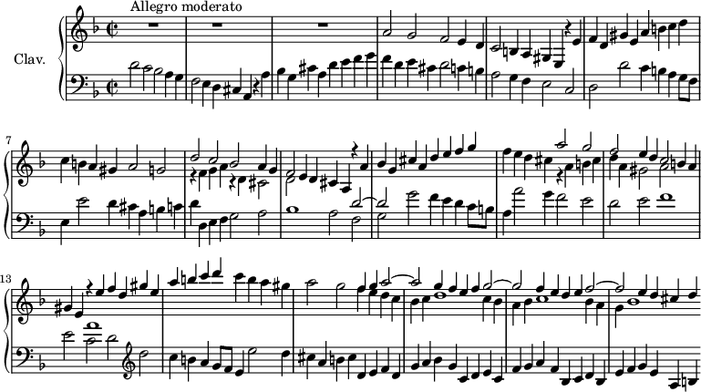 
\version "2.18.2"
\header {
  tagline = ##f
  % composer = "Domenico Scarlatti"
  % opus = "K. 417"
  % meter = "Allegro moderato"
}

%% les petites notes
Dux    = { d2 c bes a4 g | f2 e4 d cis a r4 a' | bes g cis a d e f g }
Comes  = { a2 g f e4 d | c2 b4 a gis e r4 e' | f d gis e a b c d }

upper = \relative c'' {
  \clef treble 
  \key d \minor
  \time 4/2
  \once \override Score . TimeSignature #'stencil = #ly:text-interface::print
  \override Staff.TimeSignature #'text = \markup \musicglyph #"timesig.C22" 
  \tempo 2 = 82
  \set Staff.midiInstrument = #"harpsichord"
  \override TupletBracket.bracket-visibility = ##f

      s8*0^\markup{Allegro moderato}
      s2. r1 s4 | s2. r1 s4 | s2. r1 s4 | \Comes
      % ms. 7
      c4 b a gis a2 g | << { \relative c'' \Dux } \\ { r4 f4 g a r4 d, cis2 | d } >>
      % ms. 11
      f'4 e d cis << { \relative c''' \Comes } \\ { r4 a4 b cis | d a gis2 a } >>
      % ms. 14 suite
      c'4 b a gis | a2 g << { f4 g a2~ | a2 g4f e f g2~ g f4 e d e f2~ | f e4 d cis d } \\ { f4 e d c | bes c d1 c4 bes | a bes c1 bes4 a g bes1 } >>
      % ms. x
      

}

lower = \relative c' {
  \clef bass
  \key d \minor
  \time 4/2
  \once \override Score . TimeSignature #'stencil = #ly:text-interface::print
  \override Staff.TimeSignature #'text = \markup \musicglyph #"timesig.C22" 
  \set Staff.midiInstrument = #"harpsichord"
  \override TupletBracket.bracket-visibility = ##f

    % ************************************** \appoggiatura a16  \repeat unfold 2 {  } \times 2/3 { }   \omit TupletNumber 
      \Dux
      % ms. 4
      f4 d e cis d2 c4 b | a2 g4 f e2 c | d d' c4 b a g8 f |
      % ms. 7
      e4 e'2 d4 cis a b c | d d, e f g2 a | bes1 a2 << { d2~ | d } \\ { f,2 | g } >>
      % ms. 10 suite
      g'2 f4 e d c8 b | a4 a'2 g4 f2 e | d e f1 |
      % ms. 13
      e2 << { a1 } \\ { c,2 d } >>   \clef treble d'2 | c4 b a g8 f e4 e'2 d4 | cis a b cis d, e f d |
      % ms. 16
      g4 a bes g c, d e c | f g a f bes, c d bes | e f g e a, b 

}

thePianoStaff = \new PianoStaff <<
    \set PianoStaff.instrumentName = #"Clav."
    \new Staff = "upper" \upper
    \new Staff = "lower" \lower
  >>

\score {
  \keepWithTag #'print \thePianoStaff
  \layout {
      #(layout-set-staff-size 17)
    \context {
      \Score
     \override SpacingSpanner.common-shortest-duration = #(ly:make-moment 1/2)
      \remove "Metronome_mark_engraver"
    }
  }
}

\score {
  \keepWithTag #'midi \thePianoStaff
  \midi { }
}
