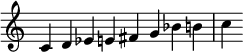 {
\override Score.TimeSignature #'stencil = ##f
\relative c' {\time 8/4 c d ees e fis g bes b c} }