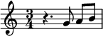 
\relative c'' {
   \time 3/4
   r4. g8 \noBeam a8 b8
}
