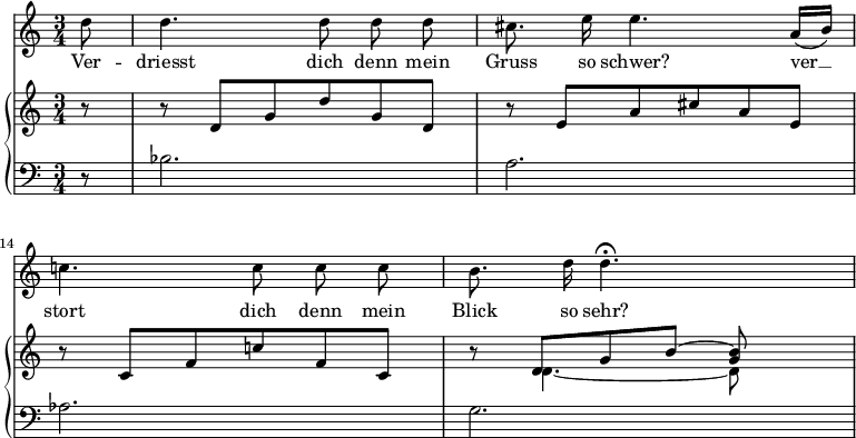 
\layout { \context { \Score \accidentalStyle no-reset } }
<<
  \new Staff \fixed c' {
    \time 3/4 \partial 8
    \omit Score.MetronomeMark \tempo 4=90
    \autoBeamOff
    \set Score.currentBarNumber = 12
    \set Score.barNumberVisibility = #all-bar-numbers-visible
    \set Staff.midiInstrument = "choir aahs"
    d'8 | 4. 8 8 8 | cis'8. e'16 4. a16[( b]) | c'4. 8 8 8 | b8. d'16 4.\fermata s8 |
  }
  \addlyrics {
    Ver -- driesst dich denn mein Gruss so schwer? ver __
    stort dich denn mein Blick so sehr?
  }
  \new PianoStaff <<
    \new Staff \fixed c' {
      r8 | r d g d' g d | r e a cis' a e | \break
      r c f c' f c | r << { d[ g b]~ <g b> } \\ { d4.~ 8 } >> s8 |
    }
    \new Staff { \clef bass r8 | bes2. | a | aes | g | }
  >>
>>
