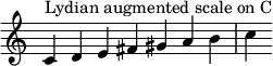  {
\override Score.TimeSignature #'stencil = ##f
\relative c' { 
  \clef treble \time 7/4
  c4^\markup { Lydian augmented scale on C } d e fis gis a b c
} }
