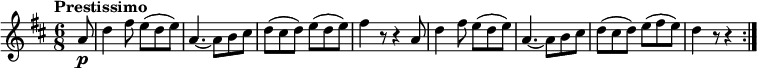 
\relative c'' {
  \version "2.18.2"
    \key d \major
    \time 6/8   
    \tempo "Prestissimo"
    \tempo 4 = 180
    \partial 8 a8 \p
    d4 fis8 e (d e)
    a,4. ~ a8 b cis
    d (cis d) e (d e)
    fis4 r8 r4 a,8
    d4 fis8 e (d e)
    a,4. ~ a8 b cis
    d (cis d) e (fis e)
    d4 r8 r4 \bar ":|."
}
