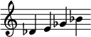  {
\override Score.TimeSignature #'stencil = ##f
\relative c' {\clef treble \time 7/4 des4 e ges bes} }