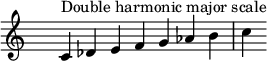 
\relative c' { 
  \clef treble \time 7/4 \hide Staff.TimeSignature c4^\markup { Double harmonic major scale }  des e f g aes b c
}
