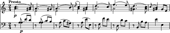 
<<
\new Staff  \relative c'' {
       \version "2.18.2"
         \clef "treble"
         \tempo "Presto"
         \key c \major
         \time 2/4
          \tempo 4 =180
      <a c>4. \p  (<gis b>8)
      << { \stemDown e2} \\ {\stemUp a4. ^(gis8)} >>
      << { \stemDown e2} \\ {\stemUp a4. ^( b8)} >>
      << { \stemDown a4 gis} \\ {\stemUp \grace d'16 ^(c4) b} >>
      << { \stemDown a2} \\ {\stemUp d4. ^(c8)} >>
      << { \stemDown a2} \\ {\stemUp f'4. ^( e8)} >>
      <gis, d'>4.   (<a c>8)
     \grace c16 ^(<gis b>4) gis8 e
}
\new Staff \relative c' {
         \clef "bass"
         \key c \major
         r8 << { \stemDown a4.\p} \\ {\stemUp a8 ^(e' d)} >>
         r8 << { \stemDown a4.} \\ {\stemUp a8 ^(c b)} >>
         r8 a (c gis)
         r a (e' e,)
         r f f'e
         r d, d' c
         r b, b' a
         e'4 e,
}
>>
