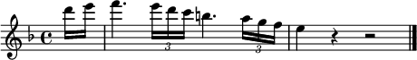 
\relative c''' {
  \key f \major
  \partial 8 d16 e |
  f4. \times 2/3 { e16 d c } b4. \times 2/3 { a16 g f } |
  e4 r r2 | \bar "|."
}
