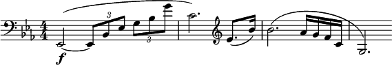  \relative c { \clef bass \numericTimeSignature \time 4/4 \key ees \major ees,2\f(~ \times 2/3 { ees8 bes' ees } \times 2/3 { g bes g' } | c,2.) \clef treble ees8.( bes'16) | bes2.( aes16 g f c | g2.) } 