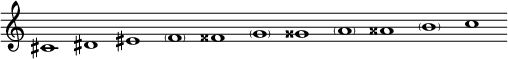 
\new Staff = "haut" \with {\remove "Time_signature_engraver"}{
\cadenzaOn
\relative c' {cis1 dis eis \parenthesize f fisis \parenthesize g gisis \parenthesize a aisis \parenthesize b c}
}
