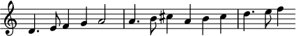 
\header {
  tagline = ##f
}

\score {
  \new Staff \with {
     \remove "Time_signature_engraver"
  }
<<
  \relative c' {
    \key c \major
    %\clef bass
    \time 3/2
    \override TupletBracket #'bracket-visibility = ##f 

     %%% f° 53v-54v
     d4. e8 f4 g a2 a4. b8 cis4 a b cis d4. e8 f4

  }
>>
  \layout {
     \context { \Score \remove "Metronome_mark_engraver" }
  }
  \midi {}
}
