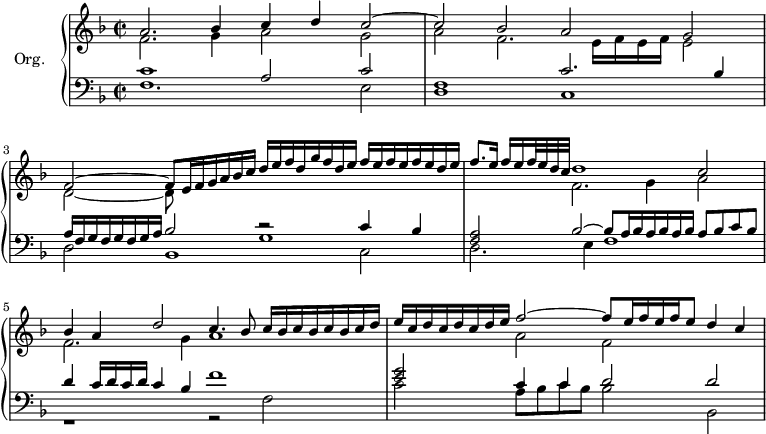 
\version "2.18.2"
\header {
  tagline=##f
}

%%%%%%%%%% KEYS %%%%%%%%%%%%%

global={ \time 2/1
           \set Staff.timeSignatureFraction=2/2
         }
Key={ \key f \major }

rhUpper=\relative c'' {
  \voiceOne
  \Key
  a2. bes4 c d c2~ c bes a g|f~ f8 e16 f g a bes c|d e f d g f d e f[ e f e f e d e]|f8.[ e16] f e f32 e d c d1 c2|bes4 a d2 c4. bes8 c16[ bes c bes c bes c d] e c d c d c d e f2~ f8 e16 f e f e8 d4 c
}
rhLower=\relative c' {
  \voiceTwo
  \Key
  f2. g4  a2 g a f2. e16 f e f e2|d2~ d8 s8 s4*7 f2. g4 a2 |f2. g4 a1 s2 a2 f
}

lhUpper=\relative c' {
  \voiceOne
  \Key
  c1 a2 c f,1 c'2. bes4 a16 f g f g f g a bes2 << { r2 c4 bes } \\ { g1 } >>|< f a >2 bes2~ bes8 a16 bes a bes a bes a8[ bes c bes]|d4 c16 d c d c4 bes f'1 < e g >2 c4 c  d2 d
}
lhLower=\relative c {
  \voiceTwo
  \Key
  f1. e2 d1 c|d2 bes1 c2 d2. e4 f1 r1 r2 f2 c'2 a8 bes c bes bes2 bes,~ 
}

PianoRH={
  \clef treble
  \global
  \set Staff.midiInstrument=#"trumpet"
  <<
    \new Voice="one" \rhUpper
    \new Voice="two" \rhLower
  >>
}
PianoLH={
  \clef bass
  \global
  \set Staff.midiInstrument=#"church organ"
  <<
    \new Voice="one" \lhUpper
    \new Voice="two" \lhLower
  >>
}

piano={
  <<
    \set PianoStaff.instrumentName=#"Org."
    \new Staff="upper" \PianoRH
    \new Staff="lower" \PianoLH
  >>
}

\score {
  \new PianoStaff <<
    \new PianoStaff="piano" \piano
  >>
  \layout {
    #(layout-set-staff-size 17)
    \override SpacingSpanner.common-shortest-duration=#(ly:make-moment 1/16)
    \context {
      \Score
      \remove "Metronome_mark_engraver"
    }
  }
  \midi { \tempo 2=66 }
}
