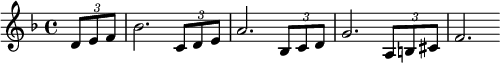  {\tempo 4 = 80
\set Score.tempoHideNote = ##t
{\key d \minor
\times 2/3 {d'8 e' f'} \bar "|" bes'2. \bar "" \times 2/3 {c'8 d' e'} \bar "|" a'2. \bar "" \times 2/3 {bes8 c' d'} \bar "|" g'2. \bar "" \times 2/3 {a8 b cis'} \bar "|" f'2.\bar ""
}}