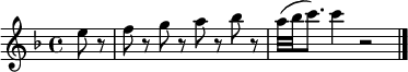 
\relative c'' {
  \key f \major
  \partial 4 e8 r |
  f8 r g r a r bes r |
  a32( bes c8.) c4 r2 | \bar "|."
}
