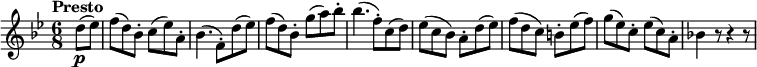 
\version "2.18.2"
\relative c'' {
  \key bes \major
  \time 6/8
  \tempo "Presto "
  \tempo 4 = 160
  \partial 4 d8  \p (ees)
  f (d) bes-. c (ees) a,-.
  bes4. (f8-.) d' (ees)
   f (d) bes-. g' (a) bes-.
   bes4. (f8-.) c (d)
   ees (c bes) a-. d (ees)
   f (d c) b-. ees (f)
   g (ees) c-. ees (c) a-.
   bes!4 r8 r4 r8
}
