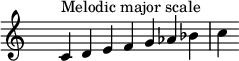 
\relative c' { 
  \clef treble \time 7/4 \hide Staff.TimeSignature c4^\markup { Melodic major scale }  d e f g aes bes c
}
