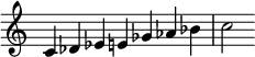  {
\override Score.TimeSignature #'stencil = ##f
\relative c' {\clef treble \time 7/4 c4 des ees e ges as bes c2} }