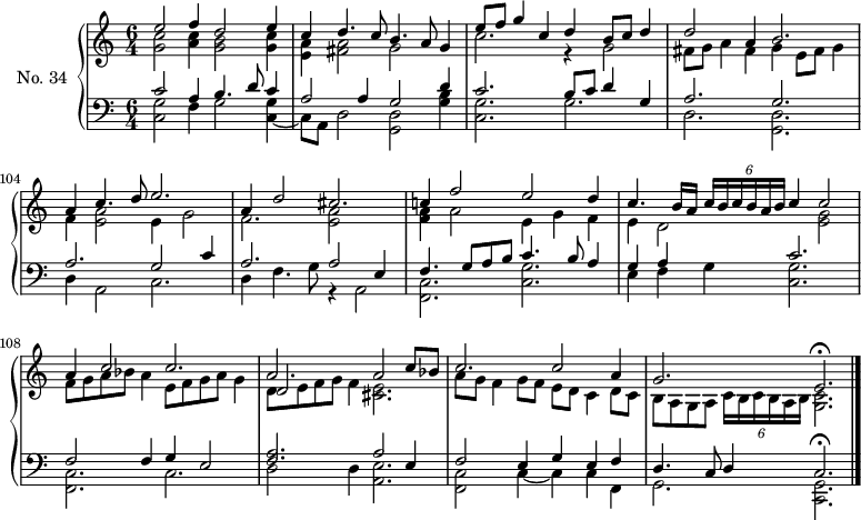 
\version "2.14.2"
\header {
  tagline = ##f
}
upper = \relative c'' {
  \clef treble 
  \key c \major
  \time 6/4
  \tempo 4 = 130
  \set Score.currentBarNumber = #100
  \set Staff.midiInstrument = #"harpsichord"

  % droite
  << { e2 f4 d2 e4 } \\ { < c g >2 < c a >4 < b g >2 < c g >4 } >>
  << { c4 d4. c8 b4. a8 g4 } \\ { < a e >4 < a fis >2  g2 s4 } >>
  << { e'8 f g4 c, d b8 c d4 } \\ { c2. r4 g2 } >>

  << { d'2 a4 b2. } \\ { fis8 g a4 fis4 g e8 fis g4 } >>
  << { a4 c4. d8 e2. } \\ { f,4 < e a >2 e4 g2 } >>
  << { a4 d2 cis2. } \\ { f,2. < a e >2 } >>

  << { c!4 f2 e d4 } \\ { < a f >4 a2 e4 g f} >>
  << { c'4. b16[ a] \times 4/6 { c16[ b c b a b] } c4 c2 } \\ { e,4 d2 s4 < g e >2 } >>
  << { a4 c2 c2. } \\ { f,8 g a bes a4 e8 f g a g4 } >>

  << { a2. a2 c8 bes } \\ { \stemUp d,2 \stemDown f4 < e cis >2. } \\ { \stemDown d8[ e f g] } >>
  << { c2. c2 a4 } \\ { a8 g f4 g8 f e d c4 d8 c } >>
  << { g'2. e\fermata } \\ { b8 a g a \tempo 4 = 98 \times 4/6 { c16[ b c b a b] } \tempo 4 = 75 < c g >2.  } >> \bar "|."

}

lower = \relative c {
  \clef bass
  \key c \major
  \time 6/4
  \set Staff.midiInstrument = #"harpsichord"
    
  %% gauche
  << { c'2 a4 b4. d8 c4 } \\ { < g c, >2 f4 g2 < g c, >4~ } >>
  << { a2 a4 g2 d'4 } \\ { c,8 a d2 < d g, >2 < b' g >4 } >>
  << { c2. b8 c d4 g, } \\ { < g c, >2. g  } >>

  << { a2. g } \\ { d2. < d g, >2. } >>
  << { a'2. g2 c4 } \\ { d,4 a2 c2. } >>
  << { a'2. a2 e4 } \\ { d4 f4. g8 r4 a,2 } >>

  << { f'4. g8 a b c4. b8 a4 } \\ { < c, f, >2. < g' c, > } >>
  << { g4 a s4 c2. } \\ { e,4 f g < g c, >2. } >>
  << { f2 f4 g e2 } \\ { < c f, >2. c2. } >>

  << { < a' f >2. a2 e4 } \\ { d2 d4 < e a, >2. } >>
  << { f2 e4 g e f } \\ { < c f, >2 c4~ c c f, } >>
  << { d'4. c8 d4 c2.\fermata } \\ { g2. < g c, >2. } >>
   
}

\score {
  \new PianoStaff <<
    \set PianoStaff.instrumentName = #"No. 34"
    \new Staff = "upper" \upper
    \new Staff = "lower" \lower
  >>
  \layout {
    \context {
      \Score
      \remove "Metronome_mark_engraver"
    }
  }
  \midi { }
}
