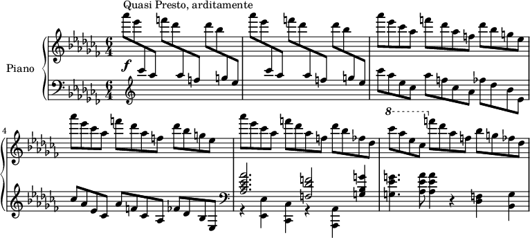 
\version "2.18.2"
\header {
  tagline=##f
}
upper=\relative c'' {
  \clef treble
  \key aes \minor
  \time 6/4
  \tempo 4=238
  \tempo "Quasi Presto, arditamente"
  \set Staff.midiInstrument=#"acoustic grand"

   s4*0\f^\markup{Quasi Presto, arditamente}
   \repeat unfold 2 {
   aes''8[ ees \change Staff="lower" \stemUp \clef treble  ces8 aes]
   \change Staff="upper" \stemDown f'8[ des \change Staff="lower" \stemUp  aes8 f] 
   \change Staff="upper" \stemDown des'8 bes \change Staff="lower" \stemUp g8 ees|\change Staff="upper" \stemDown
   }
   % ms. 3-4
   \repeat unfold 2 {
   \change Staff="upper" \stemDown aes'8 ees ces aes  f'[ des aes f]  des' bes g ees
   }

   % ms. 5
   aes'8 ees ces aes  f'[ des aes f]  des' bes fes des

   % ms. 6
   \ottava #1
   \set Staff.ottavation=#"8"
   ces''8[ aes ees ces]
   \ottava #0
   f[ des aes f] bes g fes des 
   

}

lower=\relative c' {
  \clef bass
  \key aes \minor
  \time 6/4
  \set Staff.midiInstrument=#"acoustic grand"

  s1*3 \clef treble 
  ces''8[ aes ees ces]  aes'[ f ces aes]  fes'[ des bes ees,]
 
  % ms. 4
  ces'8 aes ees ces  aes'[ f ces  aes] fes' des bes ees,

  % ms. 5
  \clef bass
  << { < aes ces ees aes >2. < f des' f >2 < g bes g' >4 } \\ { r4 < ees, ees' >4 < ces ces' > r4 < aes aes' >4 } >>
  
  % ms. 6
  < g'' ees' g >4. < aes ees' aes >8 q4 r4 < des, f >4 < bes g' >

}

\score {
  \new PianoStaff <<
    \set PianoStaff.instrumentName=#"Piano"
    \new Staff="upper" \upper
    \new Staff="lower" \lower
  >>
  \layout {
    #(layout-set-staff-size 16)
    \context {
      \Score
      \override SpacingSpanner.common-shortest-duration=#(ly:make-moment 1/3)
      \remove "Metronome_mark_engraver"
    }
  }
  \midi { }
}
