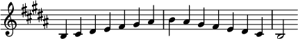   {
\omit Score.TimeSignature \relative c' {
\key b \major \time 7/4 b cis dis e fis gis ais b ais gis fis e dis cis b2
} }

