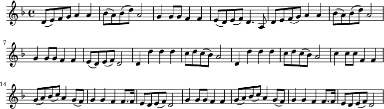 \transpose c f {\relative c' {\key a \minor a8( b) c d e4 e f8( e) f( a) e2 d4 d8 d c4 c b8( a) b( c) a4. e8 a8 b c( d) e4 e f8( e) f( a) e2 d4 d8 d c4 c b8( a) b( c) a2 a4 a' a a g8 a g( f) e2 a,4 a' a a g8 a g( f) e2 g4 g8 g c,4 c d8( e) f( g) e4 d8( c) d4 d c c8. c16 b8 a b( c) a2 d4 d8 d c4 c d8( e) f( g) e4 d8( c) d4 d c c8. c16 b8 a b( c) a2}}