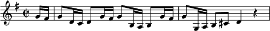 
\relative c'' {

   \set Staff.midiInstrument = #"violin"
   \clef treble
   \time 2/2
   \key g \major
   \set Score.tempoHideNote = ##t \tempo 4 = 96

   \partial8 g16 fis 16
   g8[ d16 c] d8[ g16 fis] g8[ b,16 a] b8[ g'16 fis]
   g8[ g,16 a] b8[ cis] d4 r
} 