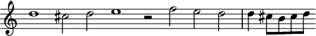 
\header {
  tagline = ##f
}

\score {
  \new Staff \with {
     \remove "Time_signature_engraver"
  }
<<
  \relative c'' {
    \key c \major
    %\clef bass
    \time 5/1
    \override TupletBracket #'bracket-visibility = ##f 

     %%% f° 13v-14
     d1 cis2 d e1 r2 f2 e d d4 cis8[ b cis d]
  }
>>
  \layout {
     \context { \Score \remove "Metronome_mark_engraver" }
  }
  \midi {}
}
