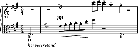 
\relative c'' {
  \new PianoStaff <<
    \new Staff {
      \set Staff.midiInstrument = #"piano" \key a \major \clef treble \time 3/4 \set Score.tempoHideNote = ##t \tempo 4 = 170
      R2.*2 |
      e2. \pp -> |
      cis'8 d8 cis4 -. a4 -. |
      gis4 -. r2 |
    }
    \new Staff {
      \set Staff.midiInstrument = #"piano" \key a \major \clef alto \time 3/4
      e,,2. \p _\markup{ \italic { hervortretend } } -> |
      e'2. -> |
      fis8 \< -. gis8 -. a8 -. b8 -. a8 -. cis8 -. |
      e4 \! r2 |
      e,,2. -> |
    }
  >>
}
